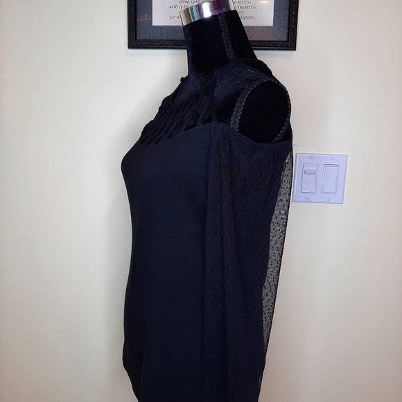 Brand New Sexy  Black Criss-Cross Cold Shoulder Sheer Lace Sleeve - Picture 7 of 11